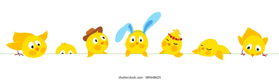 Easter horizontal border with cute chicks, vector background