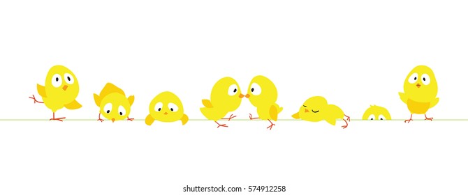 Easter horizontal border with funny cute chickens, Flat vector illustration