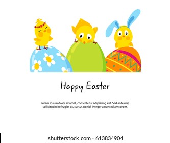 Easter horizontal border with funny cute chicks and decorative eggs, Flat vector illustration