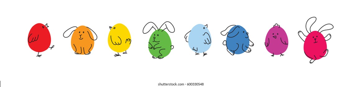 Easter horizontal border, Set of colorful doodle chicks and bunnies, Flat vector illustration