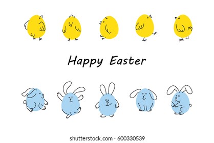 Easter horizontal borders with funny cute chickens and rabbits, Flat vector illustration