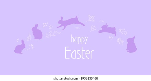 Easter horizontal cute hand drawn design with bunnies and flowers. Great for Easter cards, banners, textiles, invitations. Vector illustration.