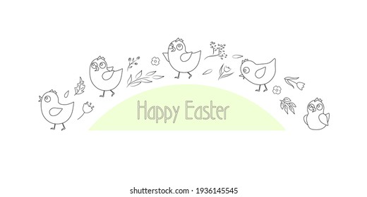 Easter horizontal cute hand drawn design with chickens and flowers on a white background. Great for Easter cards, banners, textiles, invitations. Vector illustration