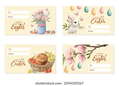 Easter horizontal greeting cards with spring elements, flowers, eggs, bunny, bread, and blossom branches, festive design for holiday greetings and seasonal celebrations