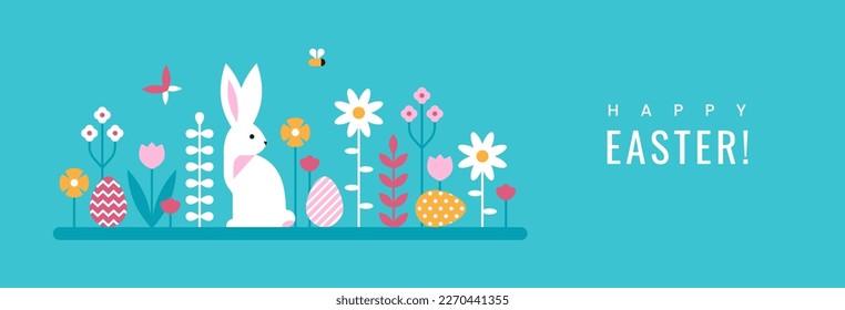 Easter horizontal illustration for greeting card or banner design with flowers, eggs and rabbit.