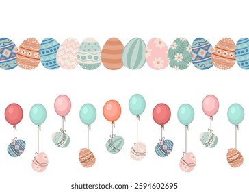 Easter horizontal pattern with Easter eggs and balloons. Border or frame design. 