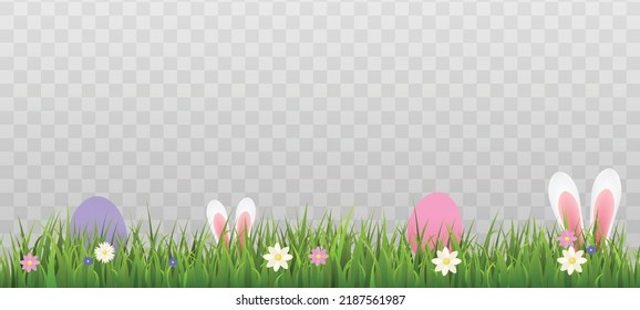 Easter horizontal seamless backdrop or border design with rabbits hiding in green grass, realistic vector illustration isolated on transparent background.