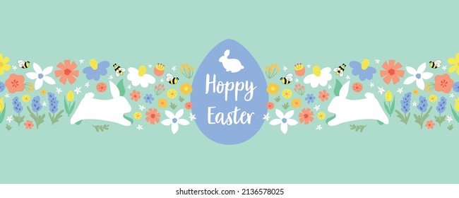 Easter horizontal seamless border pattern. Cute floral easter rabbit, easter bunny, eggs. Hoppy Easter. Eggs hunt repeated border. Cute white rabbits on floral background. Spring vector illustration.