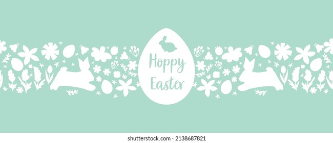 Easter horizontal seamless border pattern. Cute floral easter rabbit bunny eggs spring flowers. Hoppy Easter text. Cute easter rabbits on meadow floral background. Spring vector illustration.