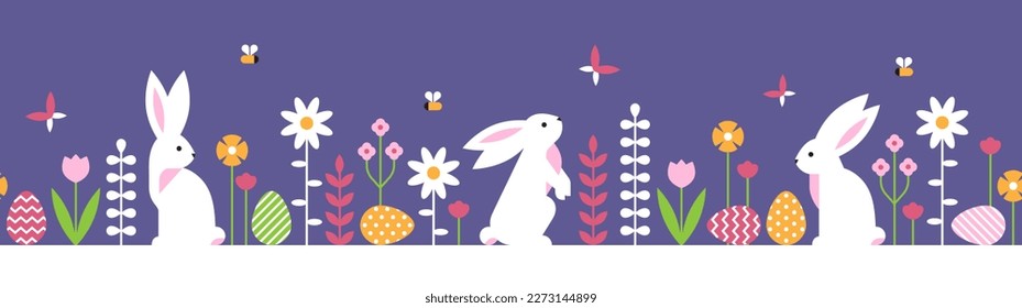 Ilustración horizontal de Semana Santa sin fisuras con conejos, flores y huevos. Banner festivo de primavera, frontera, fondo.