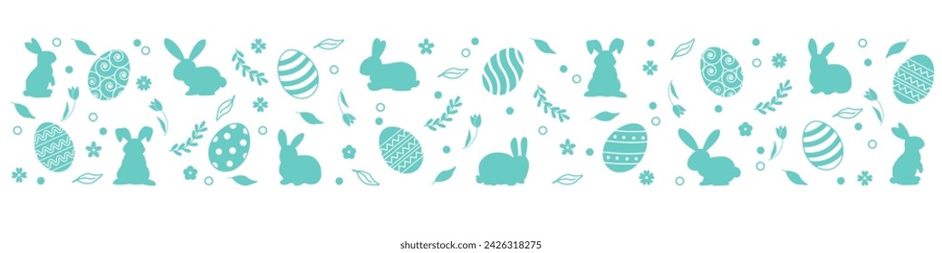 Easter horizontal seamless pattern with eggs and bunnies. Easter seamless border. Easter decoration with  eggs. Hand drawn easter bunnies background.