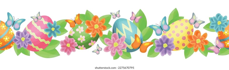 Easter horizontal seamless pattern with flowers, painted eggs and butterflies. The design is great for postcards, banners, textiles, wallpapers. 