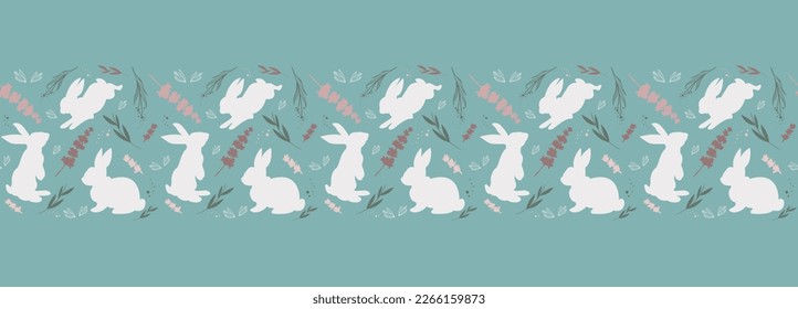 Easter horizontal seamless pattern with rabbit, bunnies, flowers. Background, great for textiles, banners, wallpapers, wrapping. Vector. Ornamental.