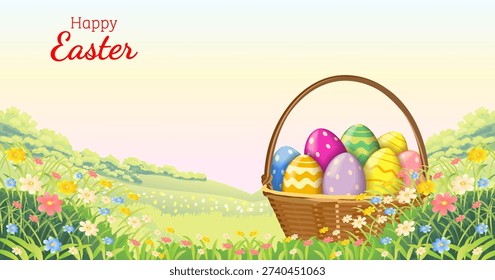 Easter horizontal vector illustration with colorful painted eggs in wicker basket on spring meadow flowers background and copy space for text.