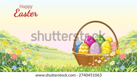 Easter horizontal vector illustration with colorful painted eggs in wicker basket on spring meadow flowers background and copy space for text.