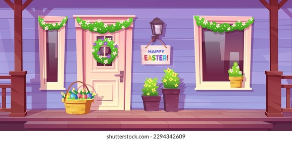 Easter house porch with front door vector illustration. Outside home building exterior with spring flower wreath and garland area on wooden patio. Apartment outdoor scene with egg in basket and lamp