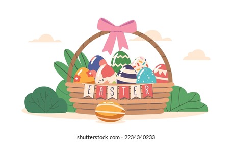 Easter Hunt Concept with Colorful Eggs in Basket with Flag Garland and Festive Bow. Spring Festive Gift Design, Decorative Graphics for Celebration and Greeting Card. Cartoon Vector Illustration