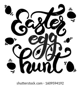 Easter hunt egg  Doodle  Stock vector illustration  Happy Easter black handwritten calligraphy vector  Spring holiday ink lettering  Greeting card  poster  typographic  Isolated white  Invitation