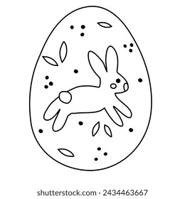 Huevo de la caza de Pascua con conejito saltando, estilo doodle contorno de vector plano para el libro de colorear