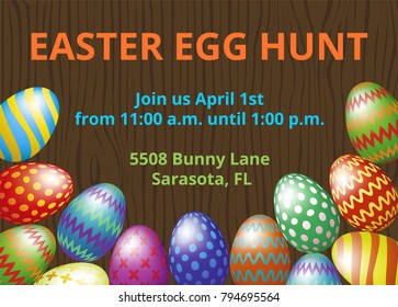 Easter Hunt invitation card with easter eggs on wooden background
