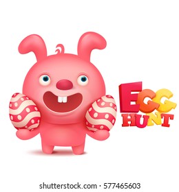 Easter hunt invitation card template with pink bunny. Vector Illustration.