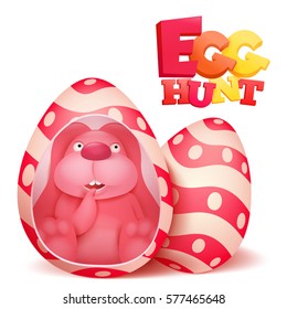 Easter hunt invitation card template with pink bunny. Vector Illustration.