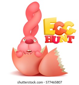 Easter hunt invitation card template with pink bunny. Vector Illustration.
