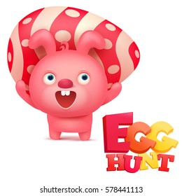 Easter hunt invitation card template with pink bunny holding big egg. Vector Illustration.