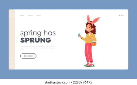 Easter Hunt Landing Page Template. Child Girl Character Wearing Bunny Ears Holds Easter Eggs In Hands With Playful Expression On Face. Joy Of Easter Festivities. Cartoon People Vector Illustration