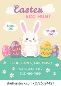Plantilla del cartel de la caza de Pascua con el conejo lindo y los huevos coloridos. Ilustración vectorial