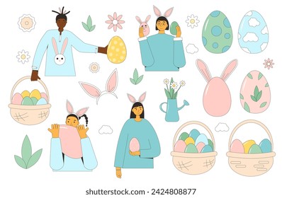 Easter hunt set isolated on white background. People with eggs, bunny ears, basket. Celebration spring holiday. Vector flat illustration.