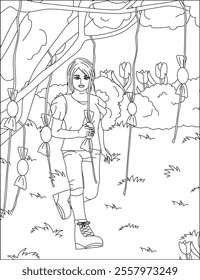 Easter hunting coloring page vector