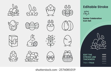 Easter Icon collection containing 16 editable stroke icons. Perfect for logos, stats and infographics. Edit the thickness of the line in any vector capable app.