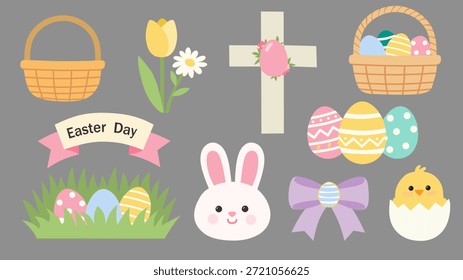 Colección de icono de Pascua en estilo de ilustración plana linda para la celebración de primavera. Perfecto para diseños de vacaciones, tarjetas, decoraciones, contenido para niños y gráficos de temporada.