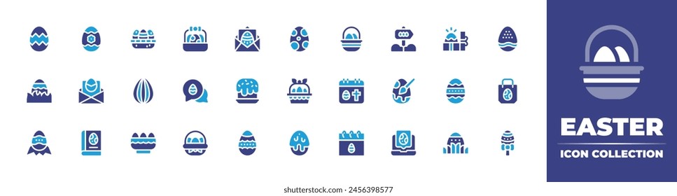 Easter icon collection. Duotone color. Vector illustration. Containing decorative, egg, book, easter, cake, eggs, road sign, painting egg, search, basket, laptop, egg.