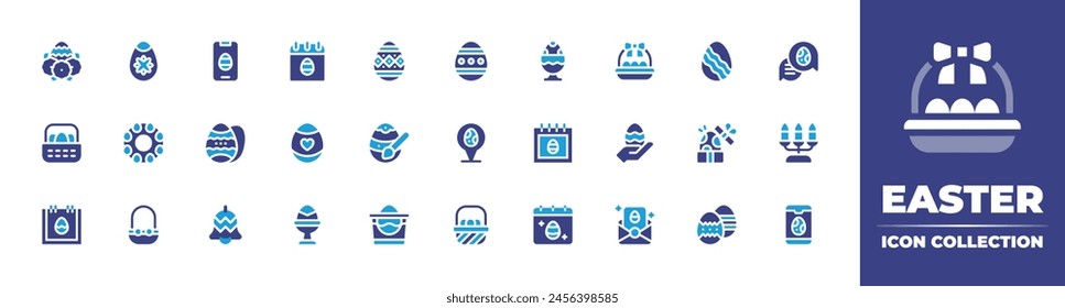 Easter icon collection. Duotone color. Vector illustration. Containing eggs, egg, bell, easter day, easter, wreath, greeting card, basket, location, egg hunt.