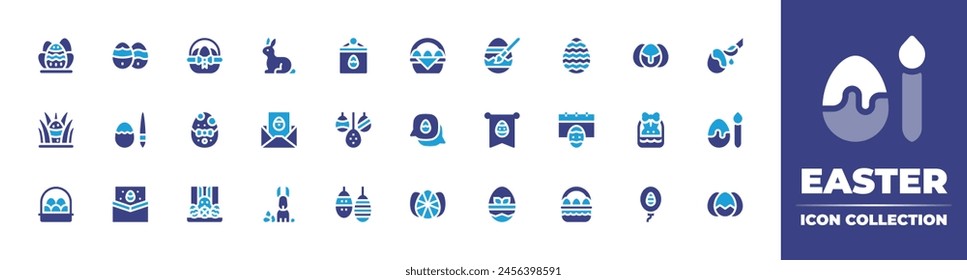 Easter icon collection. Duotone color. Vector illustration. Containing eggs, bunny, basket, egg, easter day, easter, greeting card, letter, chat.