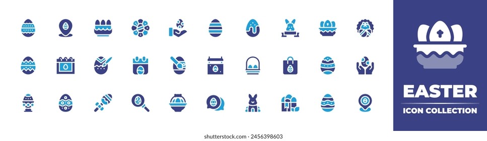 Easter icon collection. Duotone color. Vector illustration. Containing egg, bunny, chocolate egg, eggs, bunny, easter, chat, pin, search, calendar, gift.