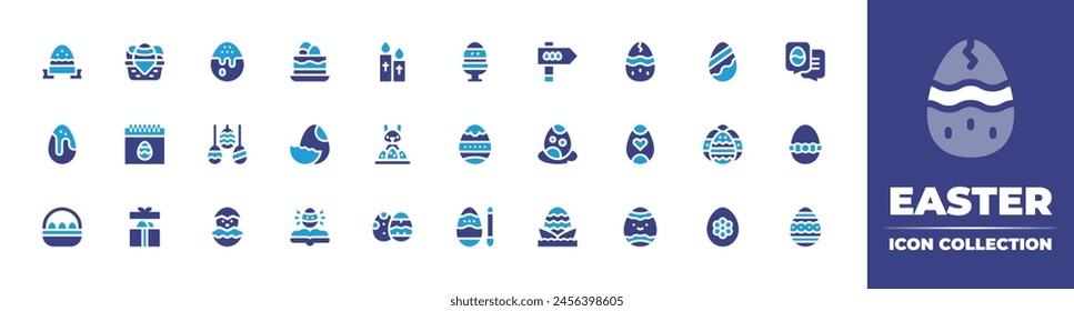 Easter icon collection. Duotone color. Vector illustration. Containing egg hunt, easter egg, candle, chicken, easter day, easter eggs, painting egg, book, gift, cake.