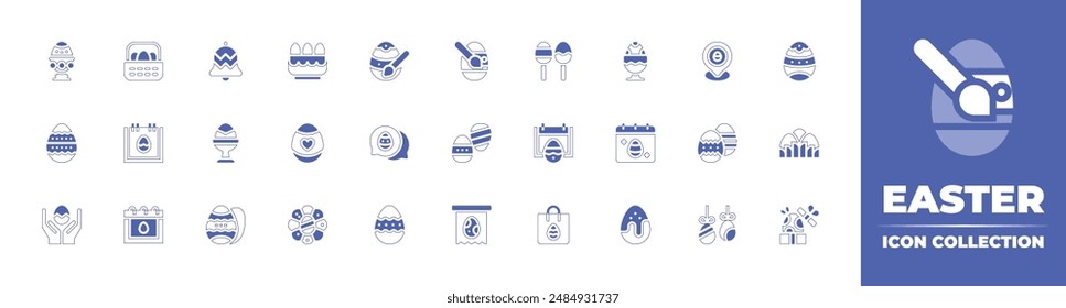 Easter icon collection. Duotone style line stroke and bold. Vector illustration. Containing egg, bell, chocolate egg, day, easter eggs, easter, chat, pin, lollipop, decoration.