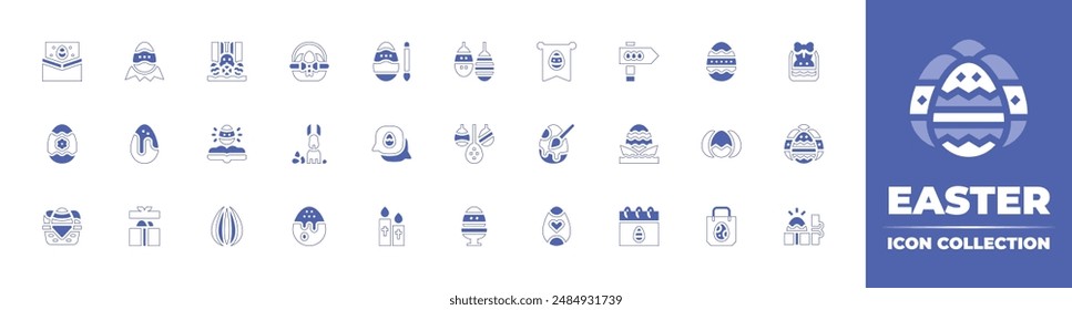 Easter icon collection. Duotone style line stroke and bold. Vector illustration. Containing egg hunt, candle, easter, egg, eggs, easter bunny, painting egg, book, letter, chat, gift.