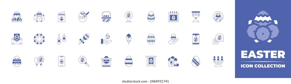 Easter icon collection. Duotone style line stroke and bold. Vector illustration. Containing easter egg, easter eggs, easter, greeting card, wreath, search, balloon, location, egg hunt, candy.