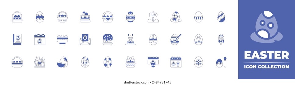 Easter icon collection. Duotone style line stroke and bold. Vector illustration. Containing decorative, easter eggs, book, basket, cake, easter day, easter egg, greeting card, road sign.