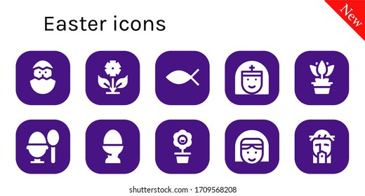 easter icon set. 10 filled easter icons.  Simple modern icons such as: Chick, Flower, Christianity, Nun, Boiled egg, Egg, Jesus
