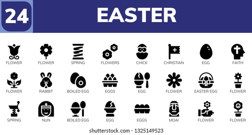 easter icon set. 24 filled easter icons.  Collection Of - Flower, Spring, Flowers, Chick, Christian, Egg, Faith, Rabbit, Boiled egg, Eggs, Easter egg, Nun, Moai