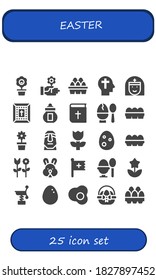 easter icon set. 25 filled easter icons.  Simple modern icons such as: Flower, Eggs, Faith, Nun, Bible, Ossuary, Egg, Moai, Rabbit, Christian, Boiled egg, Spring, Easter egg