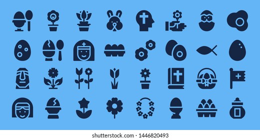 easter icon set. 32 filled easter icons. on blue background style Collection Of - Boiled egg, Egg, Moai, Nun, Flower, Rabbit, Eggs, Tulip, Faith, Flowers, Bible, Chick, Christianity