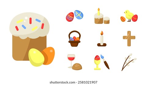 Easter icon set. Easter bread with candle sign. Christian cross and willow branch symbol. Chick with painted eggs pictogram.