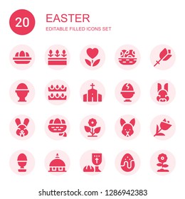 easter icon set. Collection of 20 filled easter icons included Eggs, Flowers, Flower, Boiled egg, Chapel, Rabbit, Nest, Tulip, Vatican, Last supper, Chocolate egg