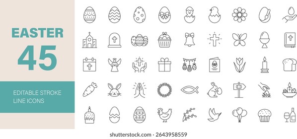 Ícone de Páscoa definido. Contendo Cristianismo, primavera, feriados, Cristo, Deus, igreja, decoração, religião, ovos de Páscoa, Bíblia, pomba e muito mais. Ícones de linha editáveis. Ilustração vetorial.